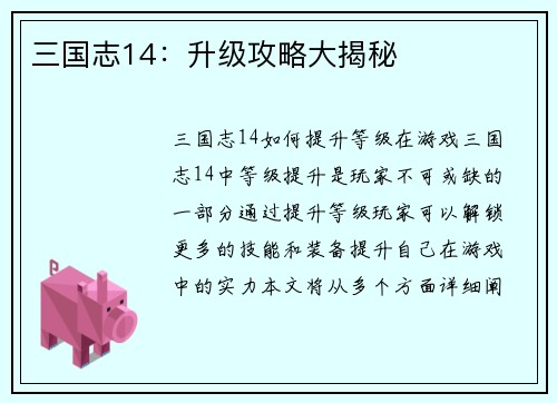 三国志14：升级攻略大揭秘